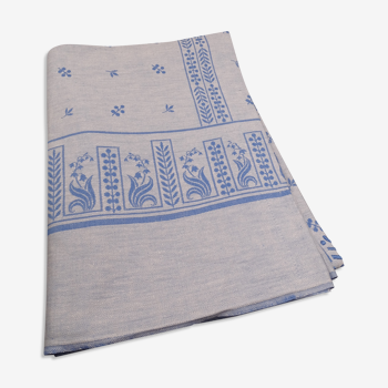 Nappe ancienne en coton bleu ciel monogramme mc - nappe damassée - décor de muguets