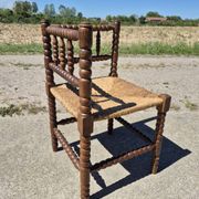Vintage Dutch rustic corner chair bobbin turned oak with rush seating