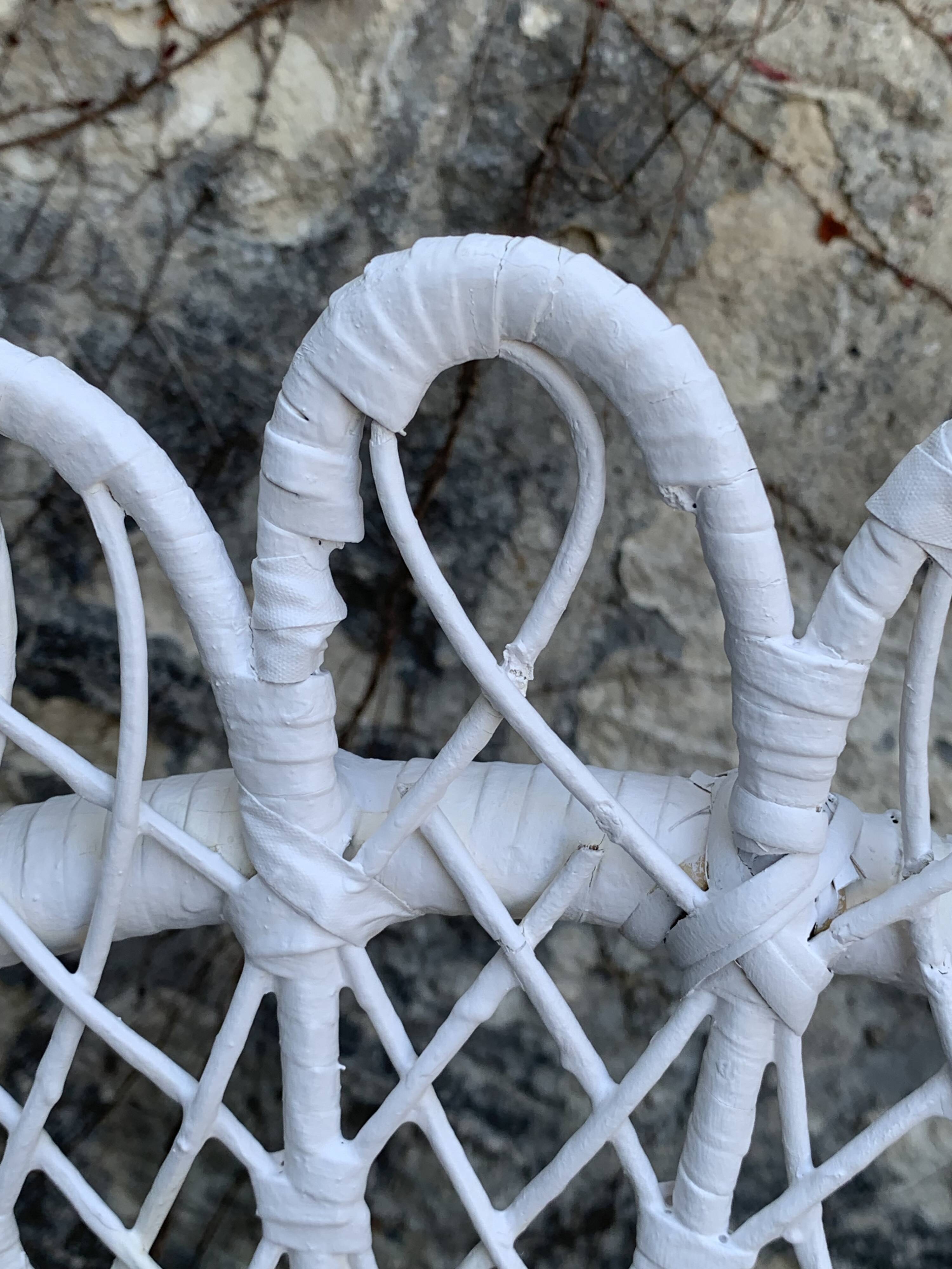 Peacock armchair and chair in white rattan, 1970