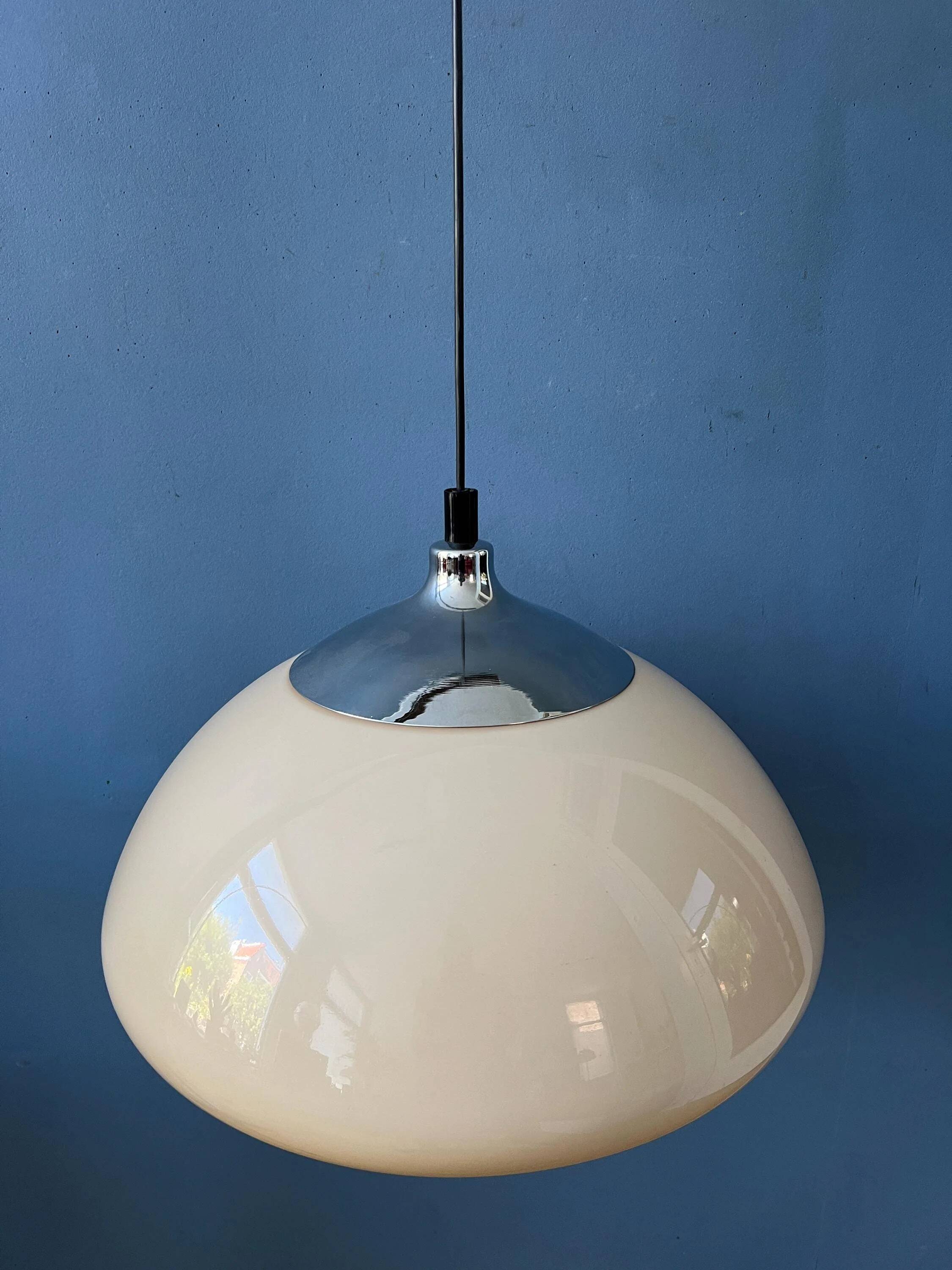 Beige acrylic glass mushroom pendant with a chrome top cap.