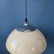 Beige acrylic glass mushroom pendant with a chrome top cap.