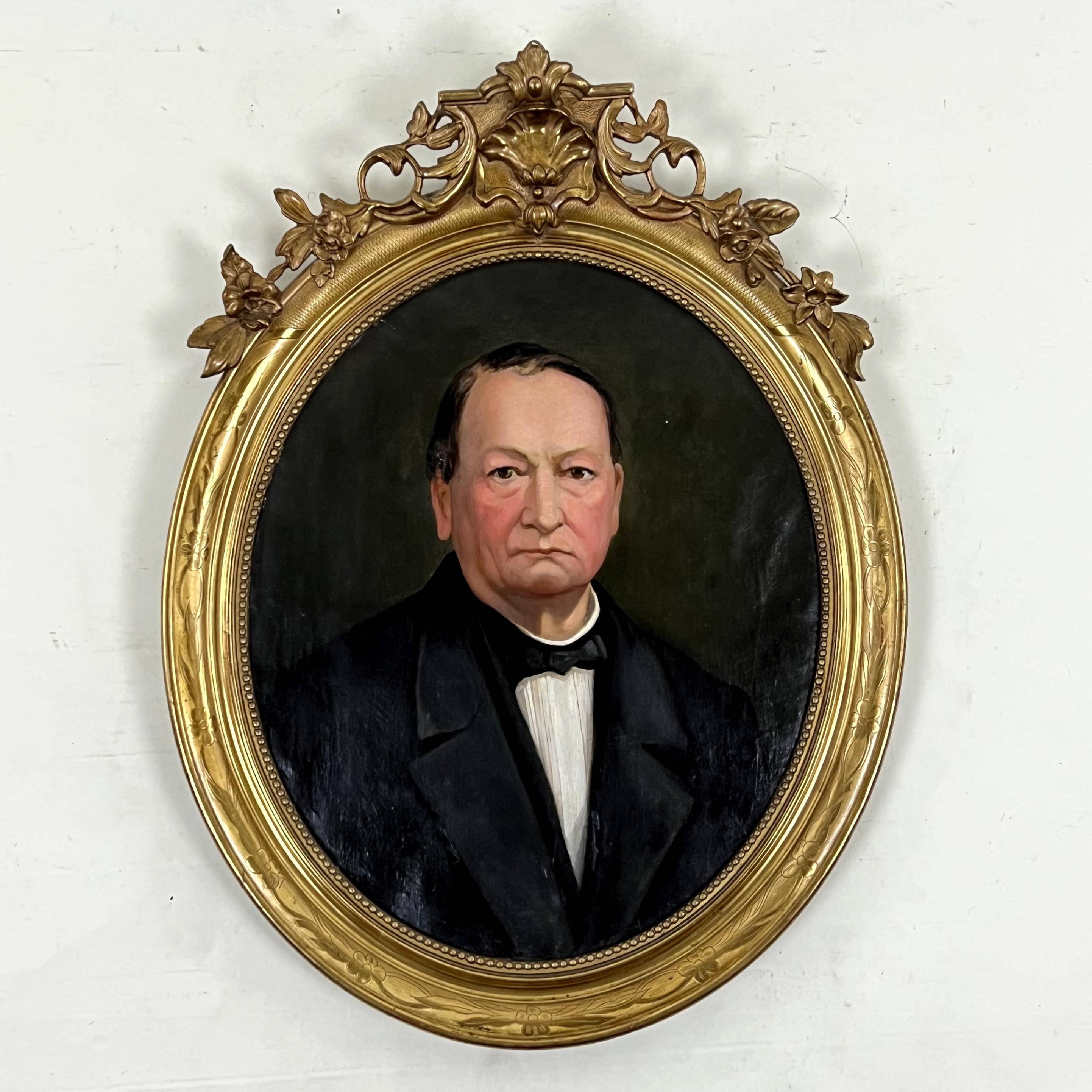 Old hst painting portrait of a man medallion golden frame louis xv style