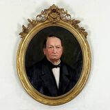 Ancien tableau hst portrait homme médaillon encadrement doré style louis xv