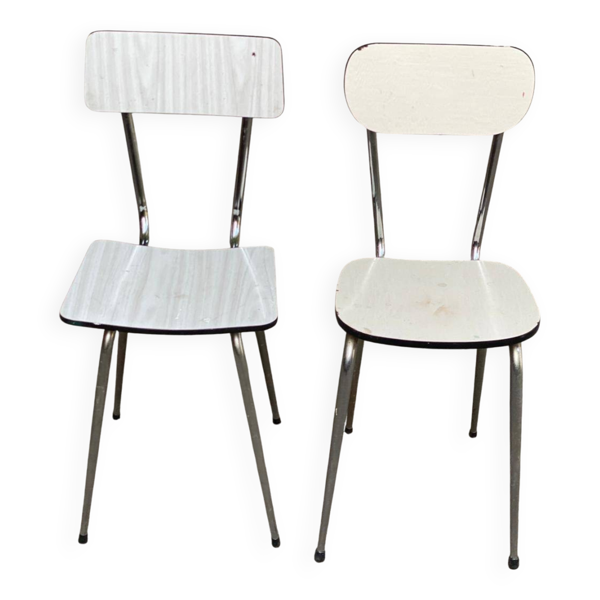 2 beige formica and steel chairs