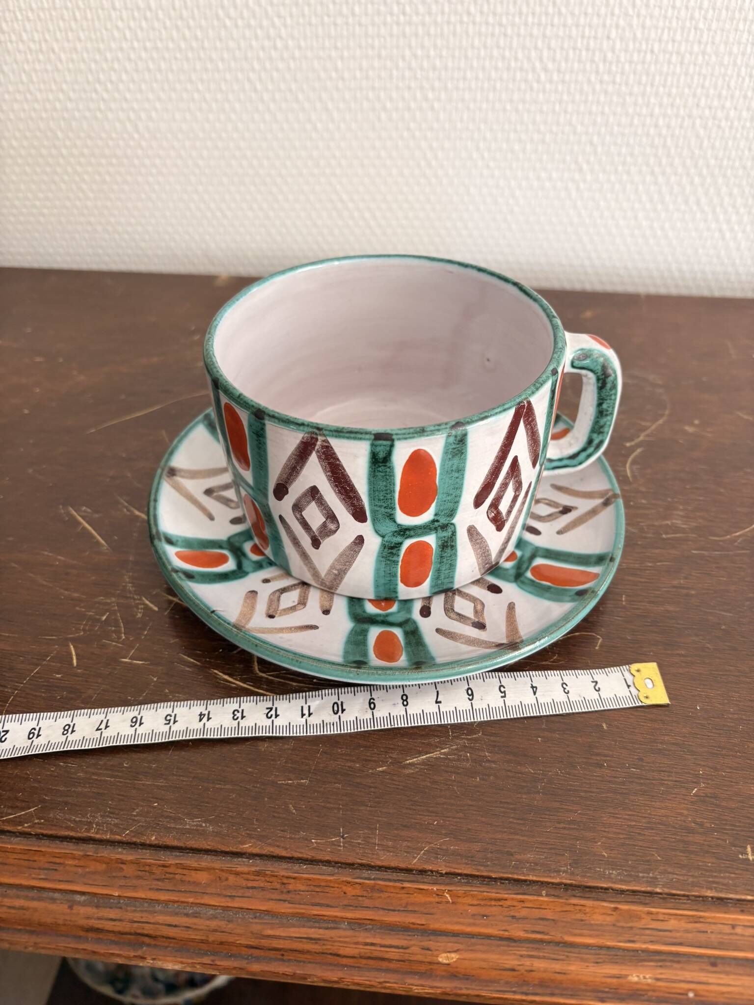 Old Pair of Ceramic Cups Vallauris by Auguste Fazio Pottery 1950 Geometric