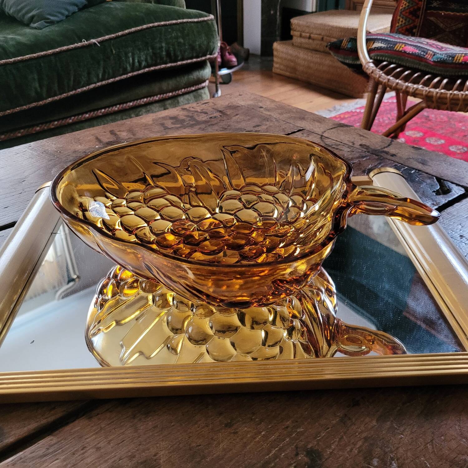 Vintage molded amber glass bowl – leaf and grape motif – years