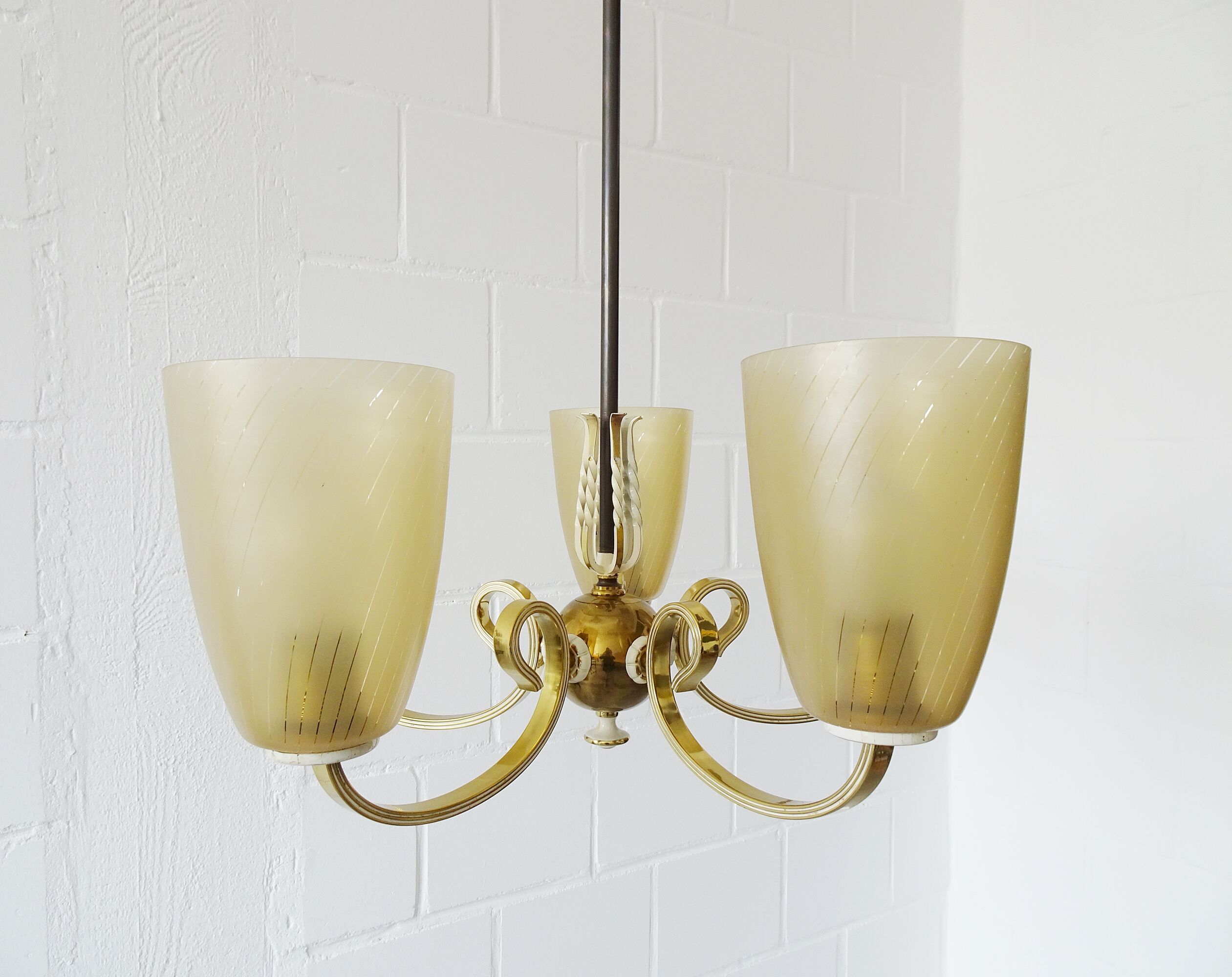 Five-armed chandelier made of brass and glass