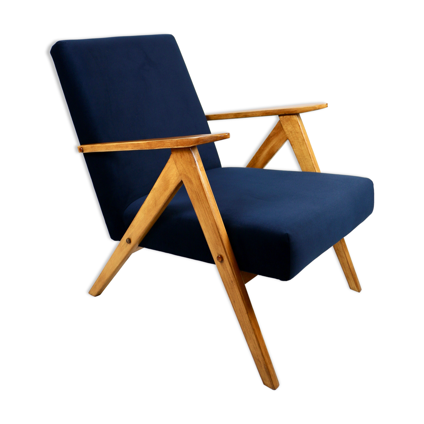 Fauteuil vintage en velours bleu marine Var, années 1970