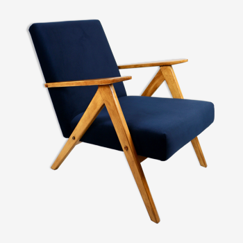 Fauteuil vintage en velours bleu marine Var, années 1970