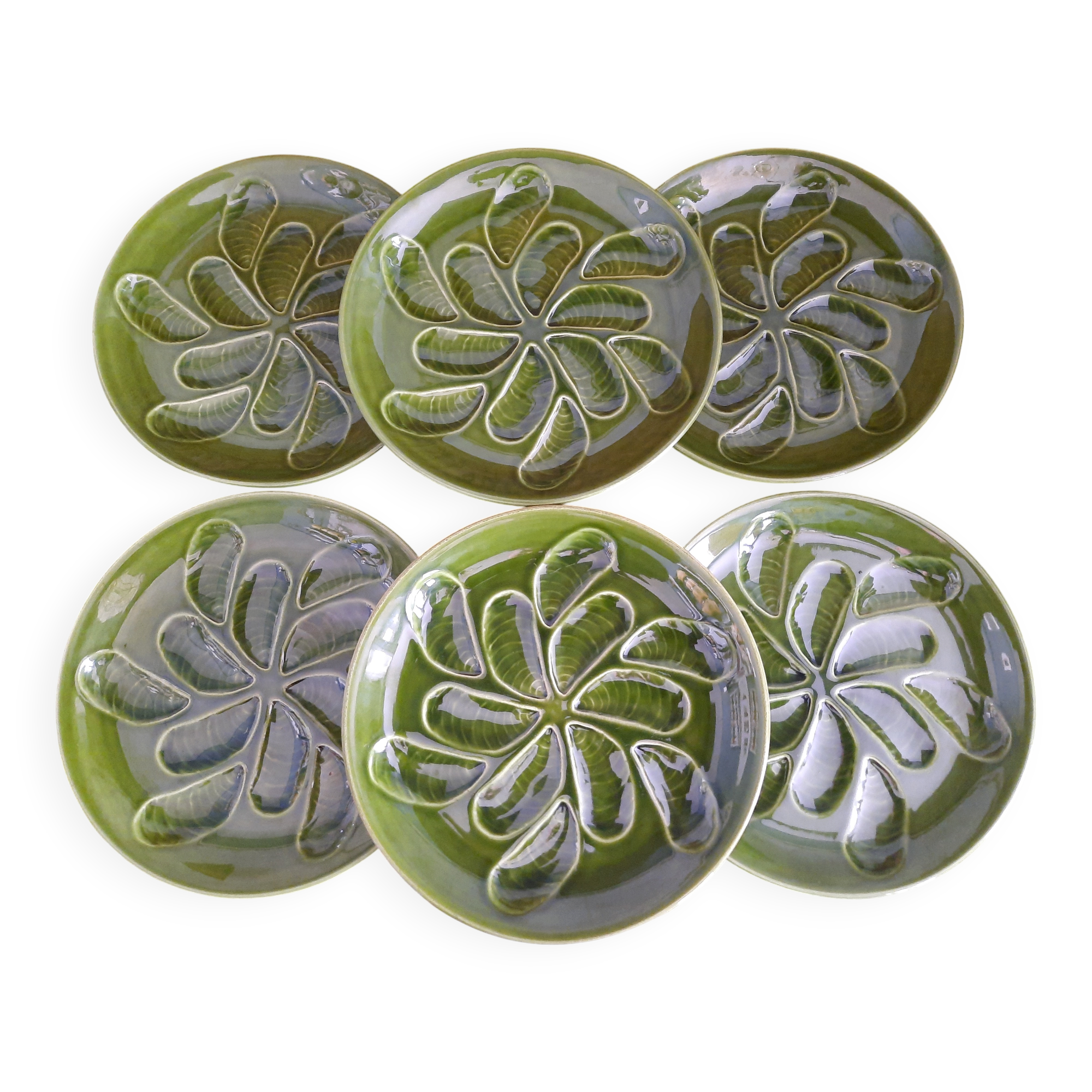 Set of 6 green oyster plates 25 cm – C.E.S France – Very good condition