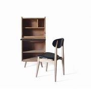 Vintage 1960s secretary desk with an angled design, light wood, and tapered legs.