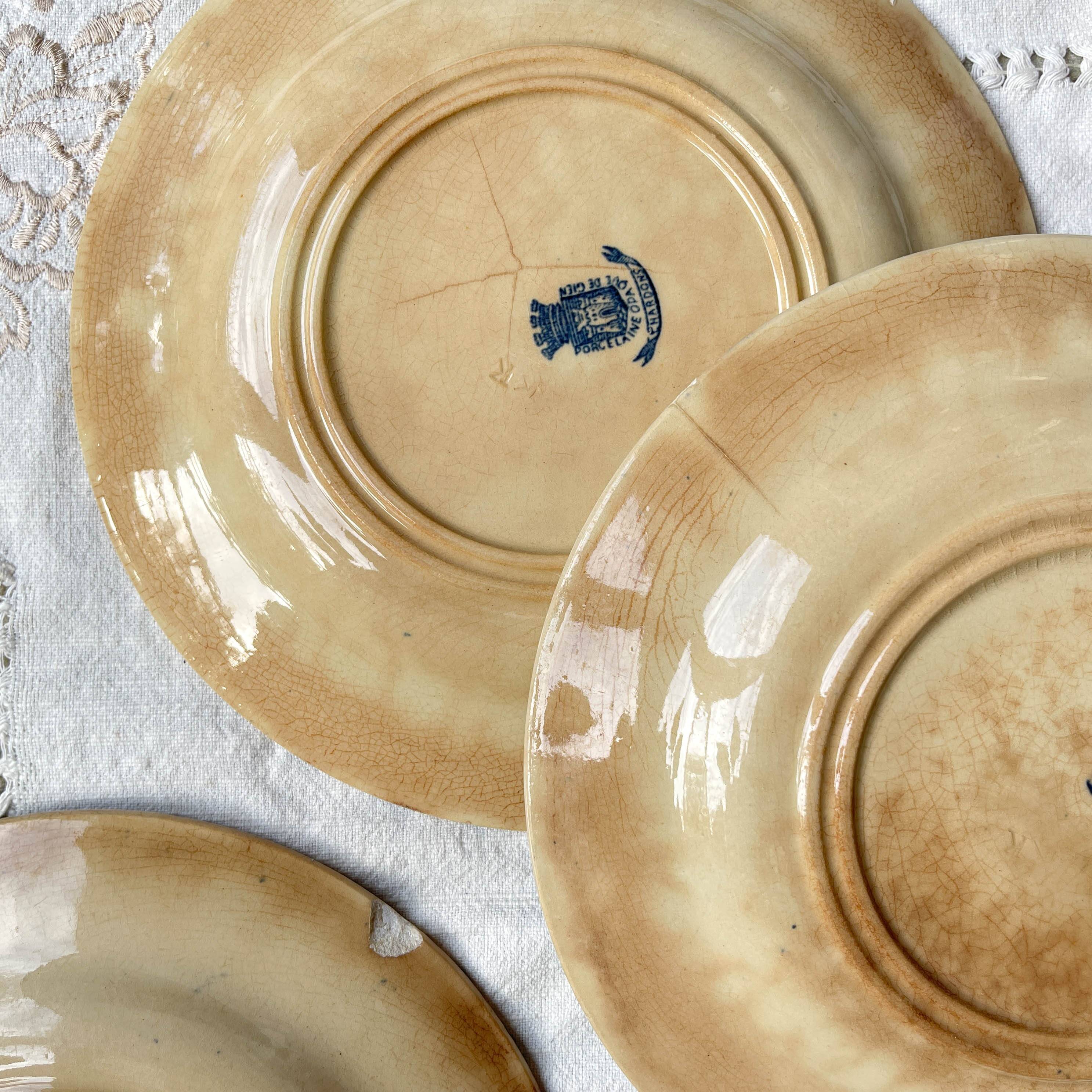 4 Gien Thistle ironstone plates + 4 small mismatched Tulowice stoneware plates