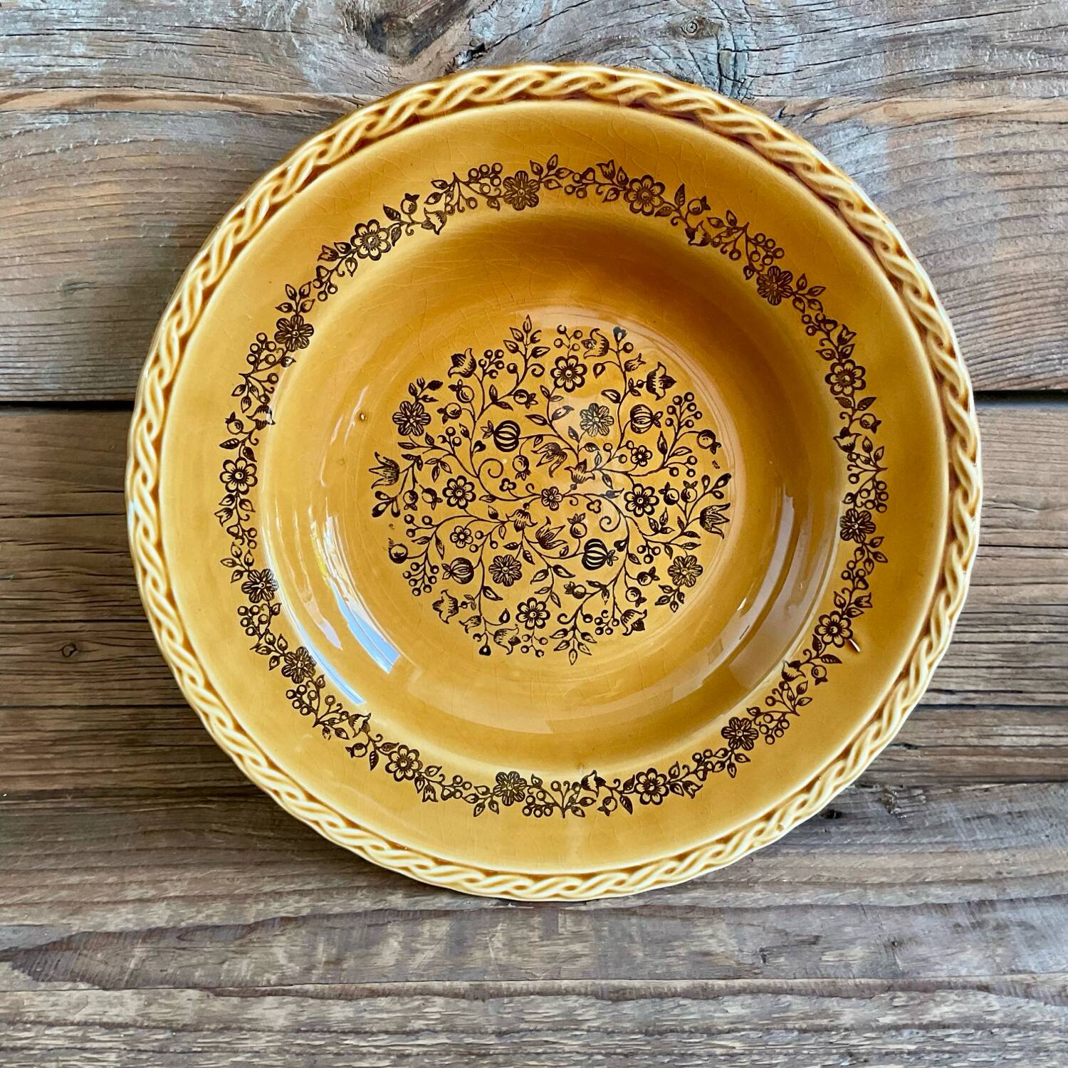 4 vintage amber ceramic soup plates