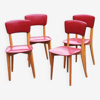 Set of 4 vintage chairs from the 50s in blond beech and red leatherette