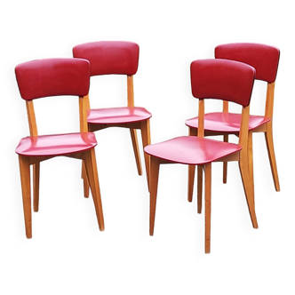 Set de 4 chaises vintage des années 50 en hêtre blond et skaï rouge