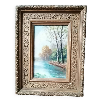 TABLEAU HUILE SUR BOIS "bord de l'eau "