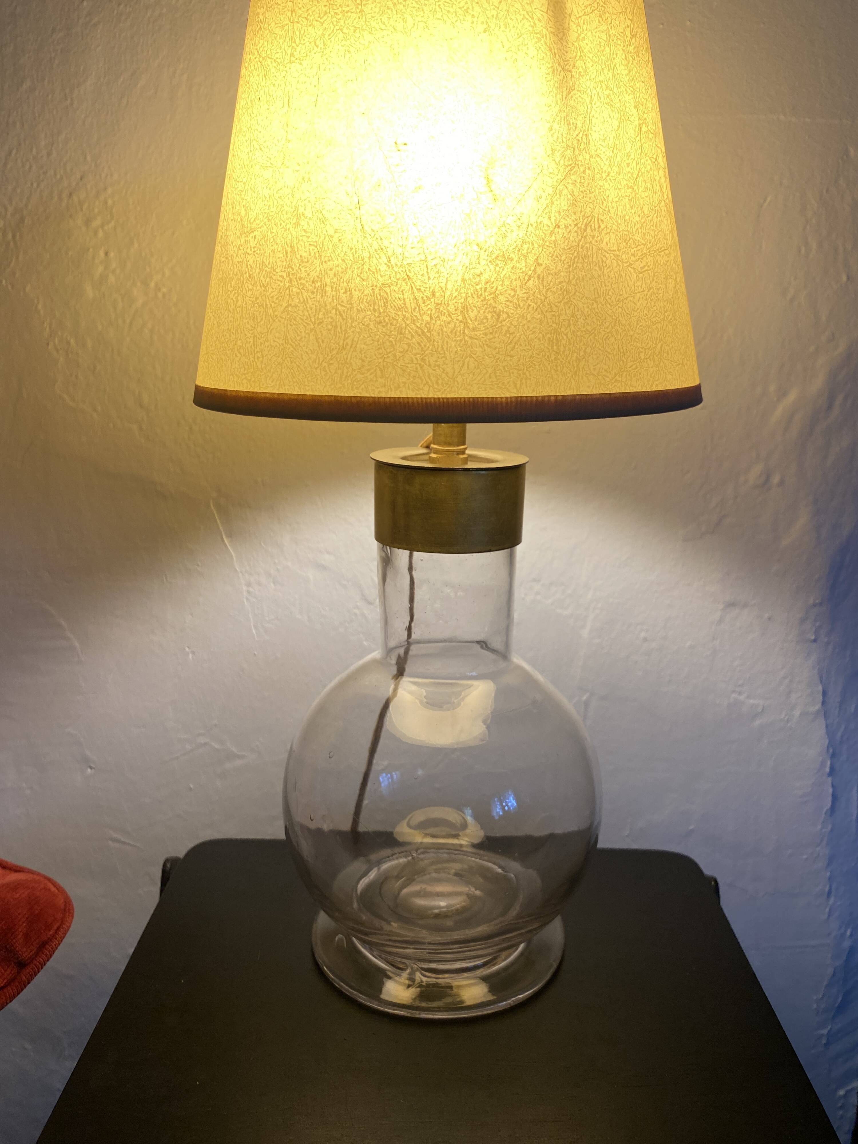 Glass lamp, brass, 2 M fabric cable, 50s lampshade