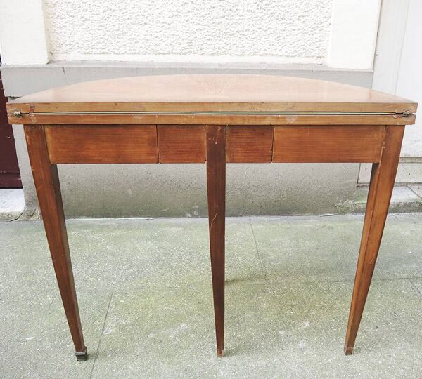 Ancienne console, table de jeux demi-lune en bois