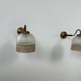 Vintage pair of wall lights, brass and frosted glass, France, 1970.