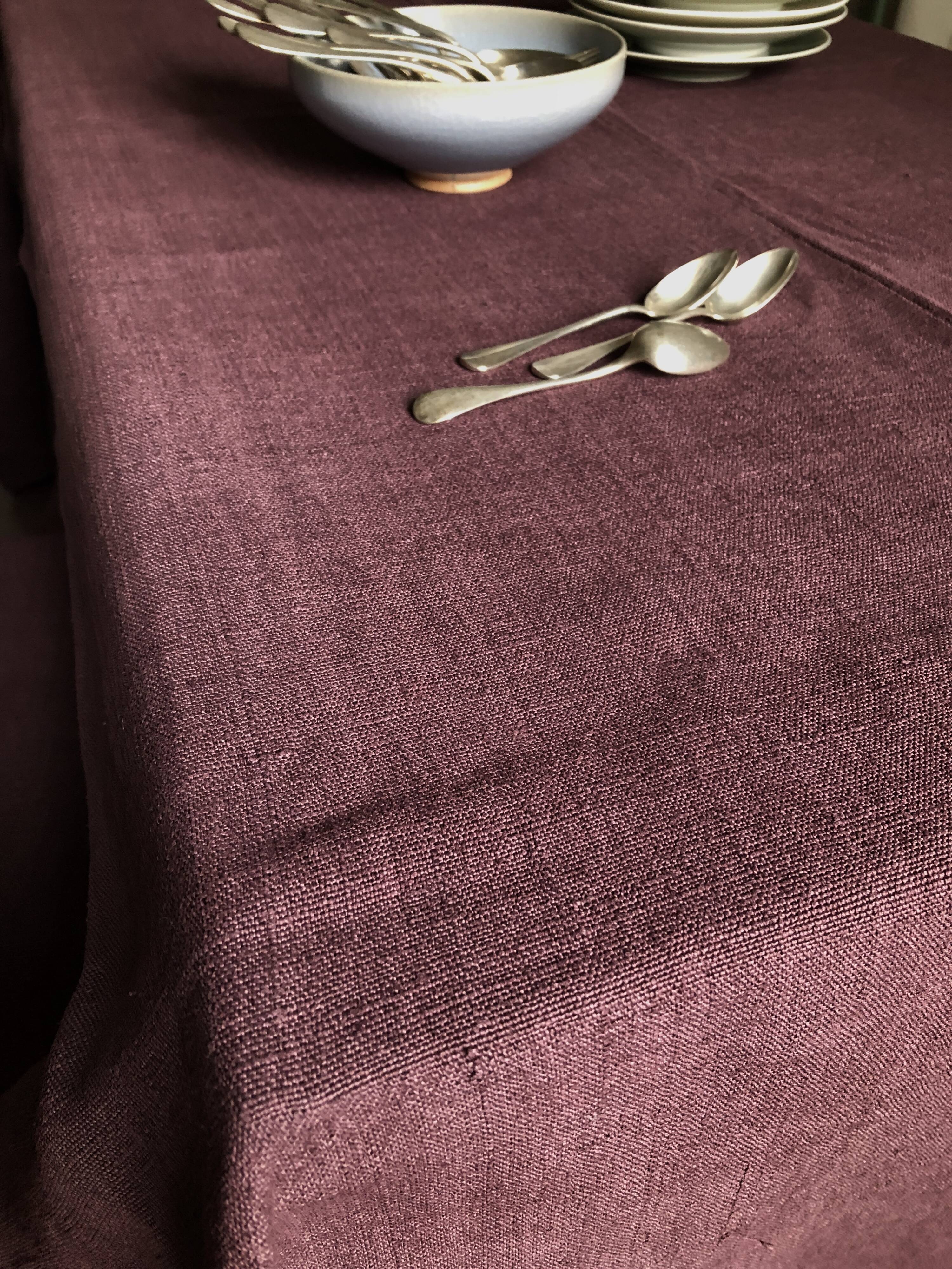 Old harvest tablecloth in pure hemp tinted with eggplant