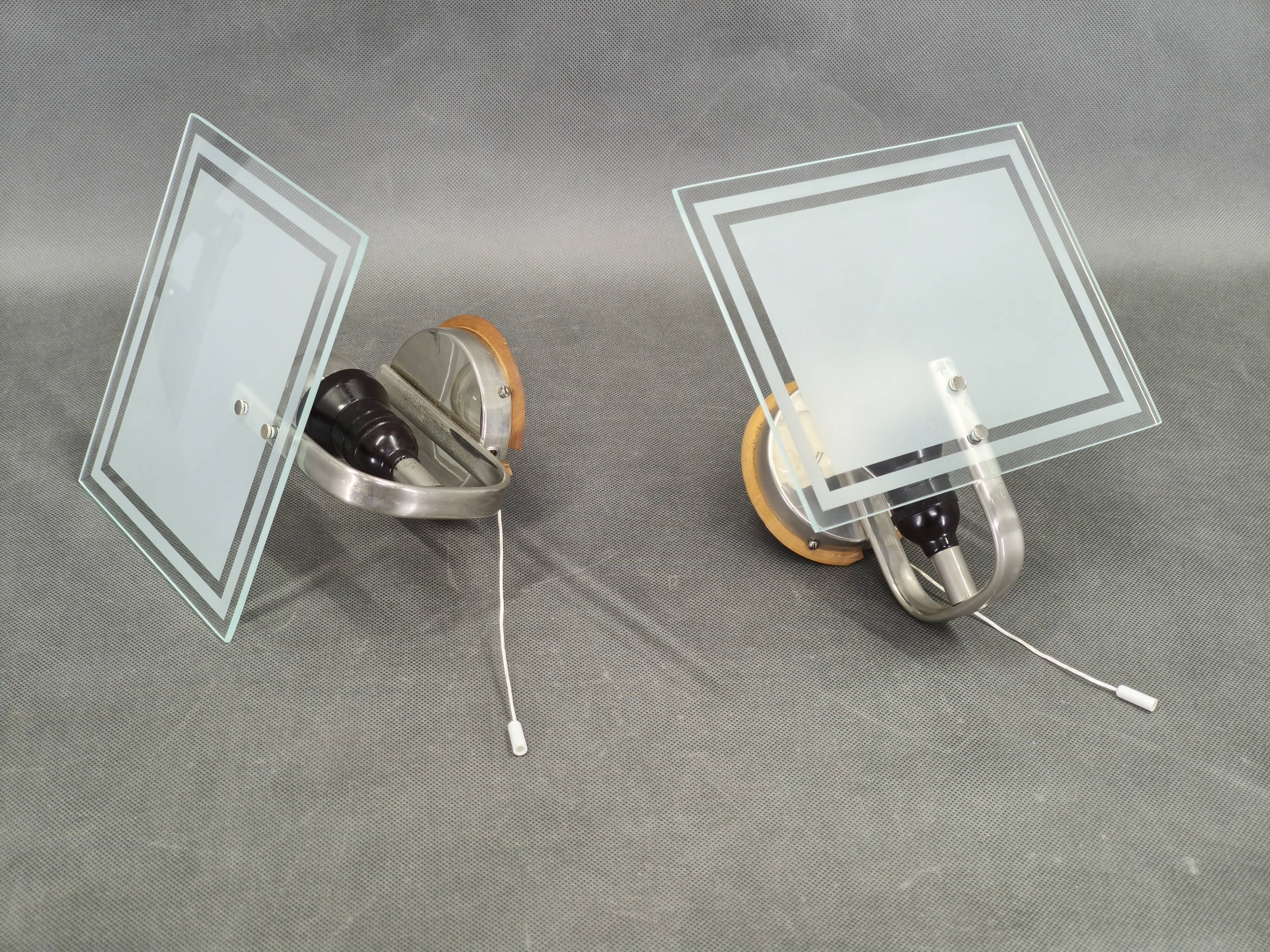 Pair of Art Deco Glass Wall Lights, Czechoslovakia, 1940s