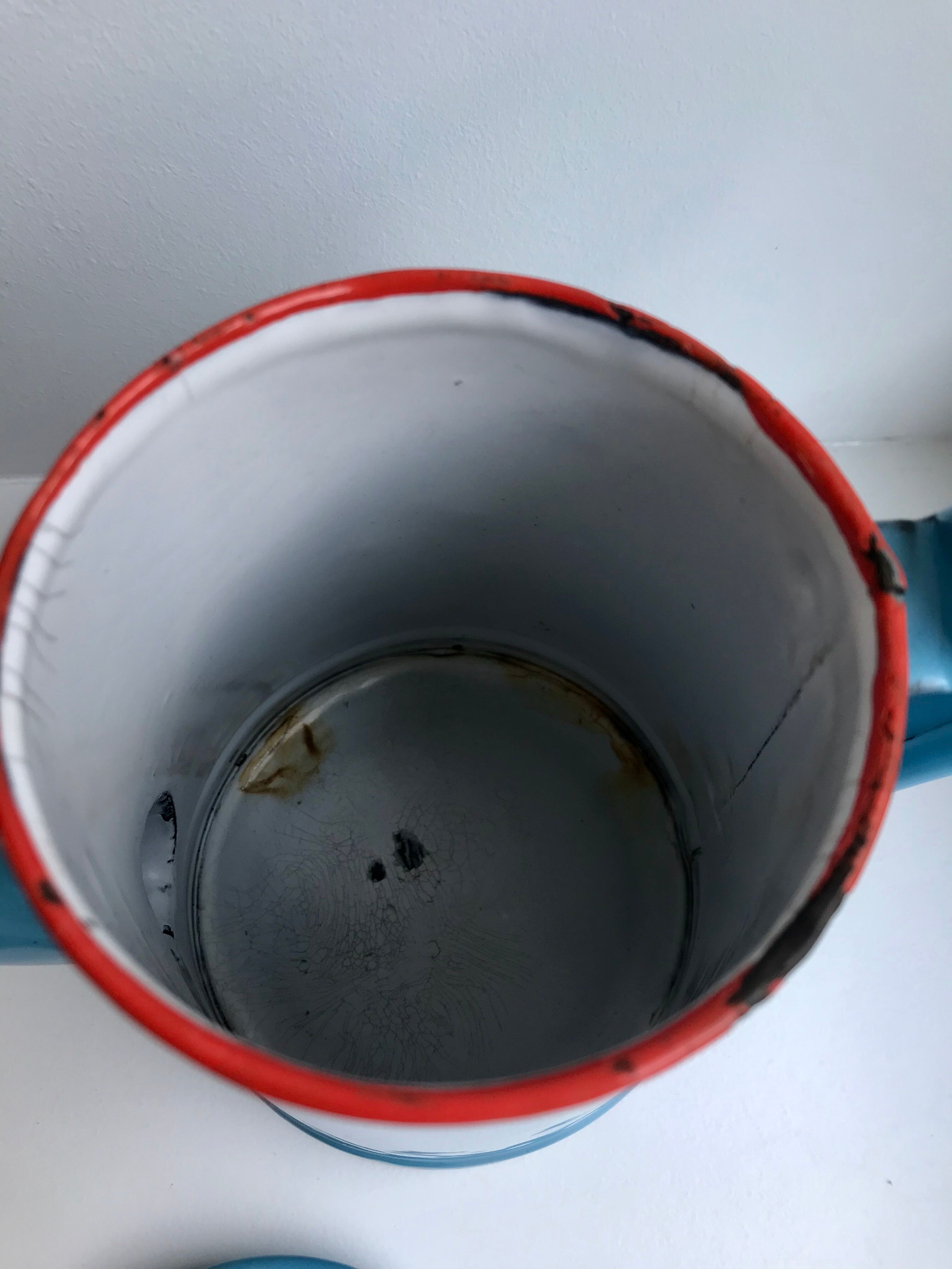 enamelled metal coffee maker in sky blue and red early twentieth century