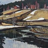 1948 Mid-Century Modern Swedish "Still" Vintage Landscape Oil Painting, Framed