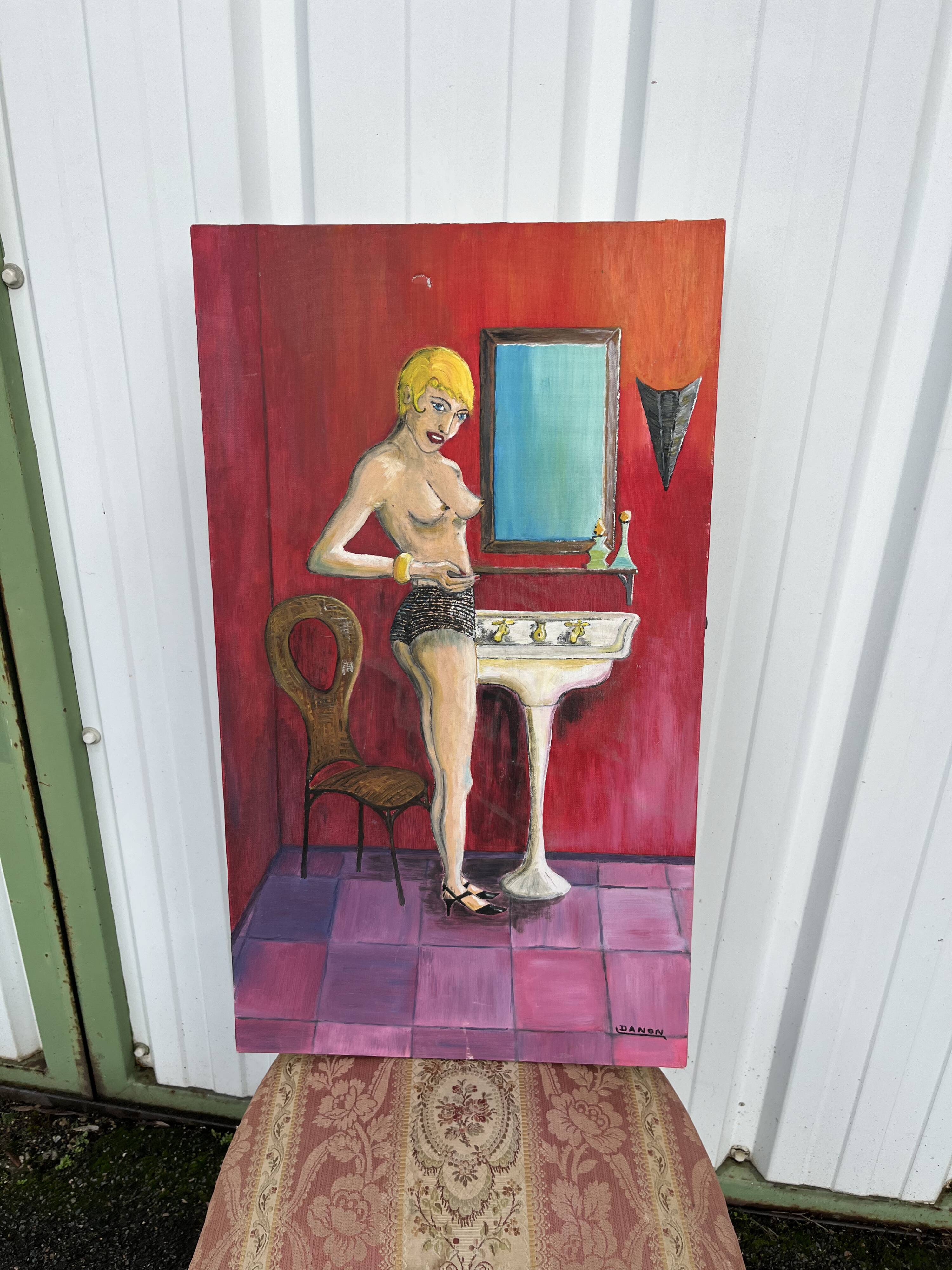 Painting Woman in the Bathroom - Signed Danon, Art Deco Style
