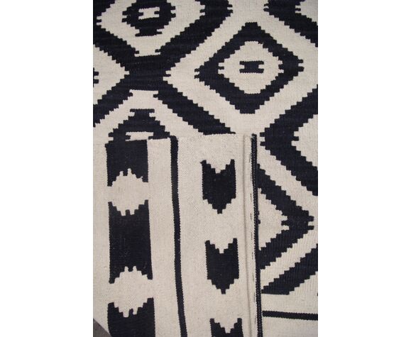 Traditional Handmade Kilim Area Rug, Black And White Flatweave Area Rugs