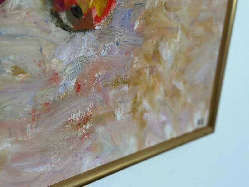 Original Swedish oil on canvas – “Frukt” by Bente Bjerregaard – dated 1989 – vintage & framed 59 × 70 cm