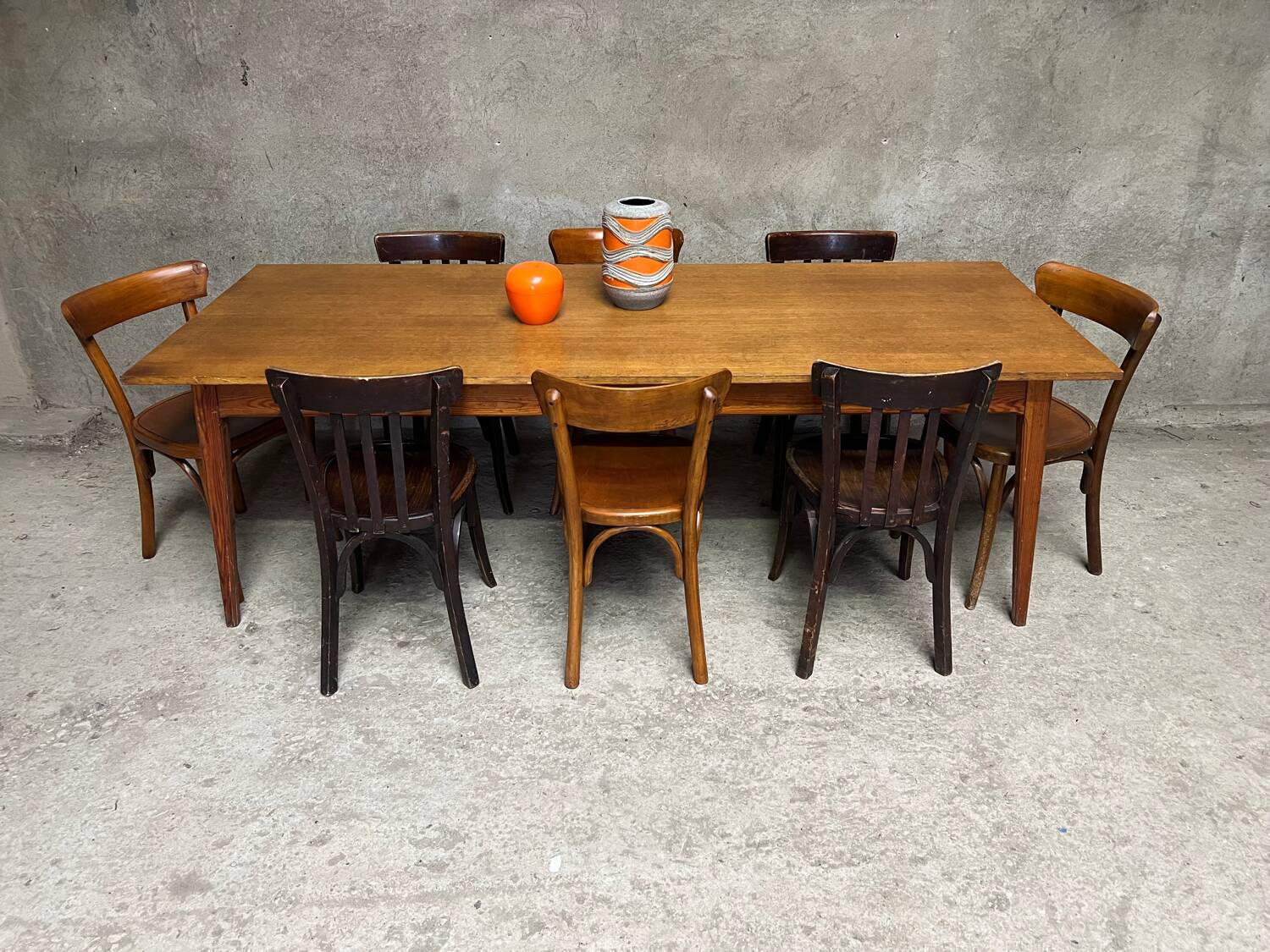 Vintage oak farm table with compass legs, 1950s