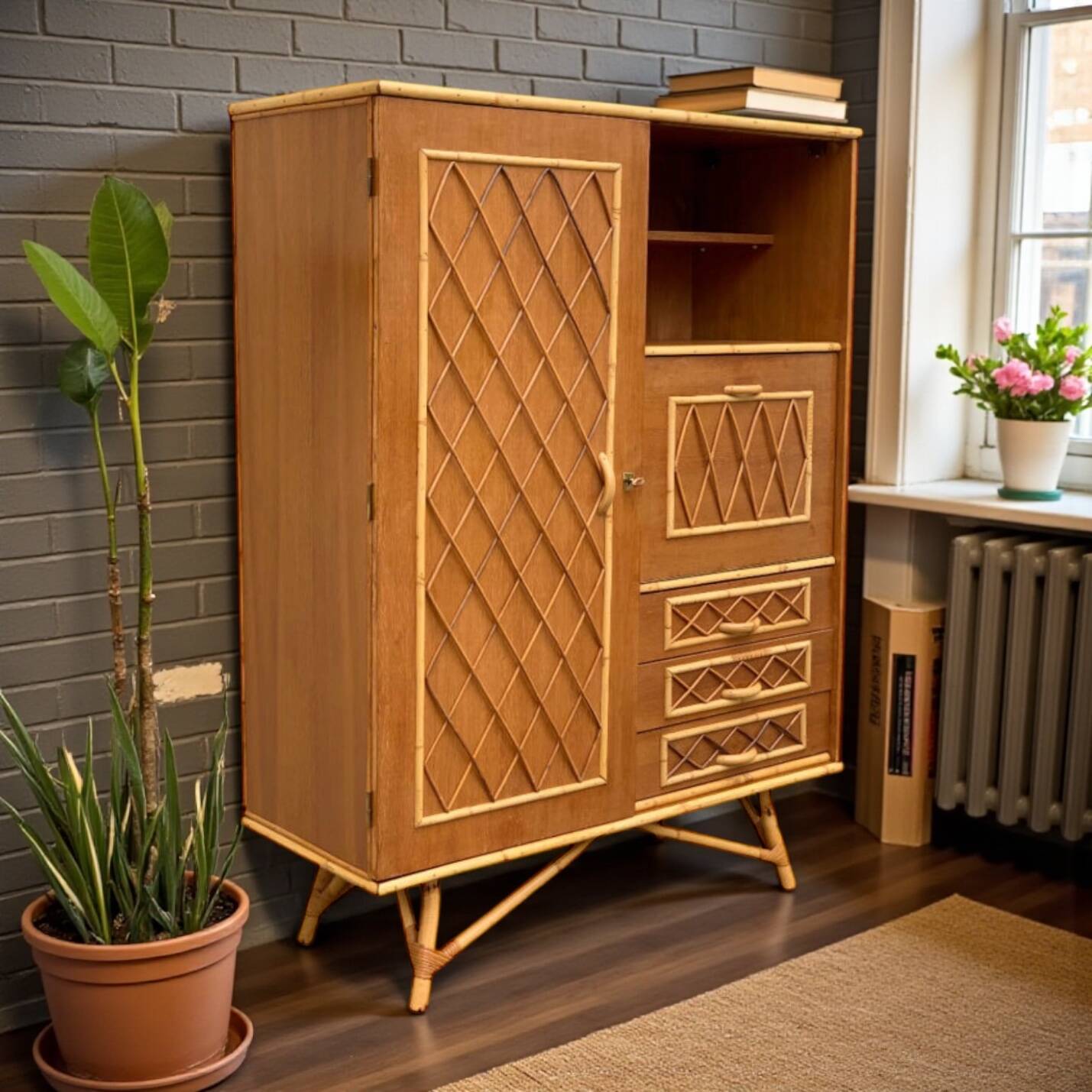 Rattan wardrobe with tapered legs from the 1960s.