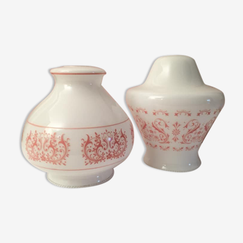 Duo of corolla globes in white opaline and pink floral motifs