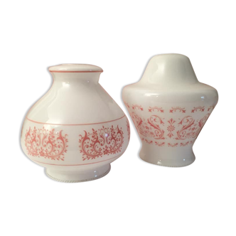 Duo of corolla globes in white opaline and pink floral motifs