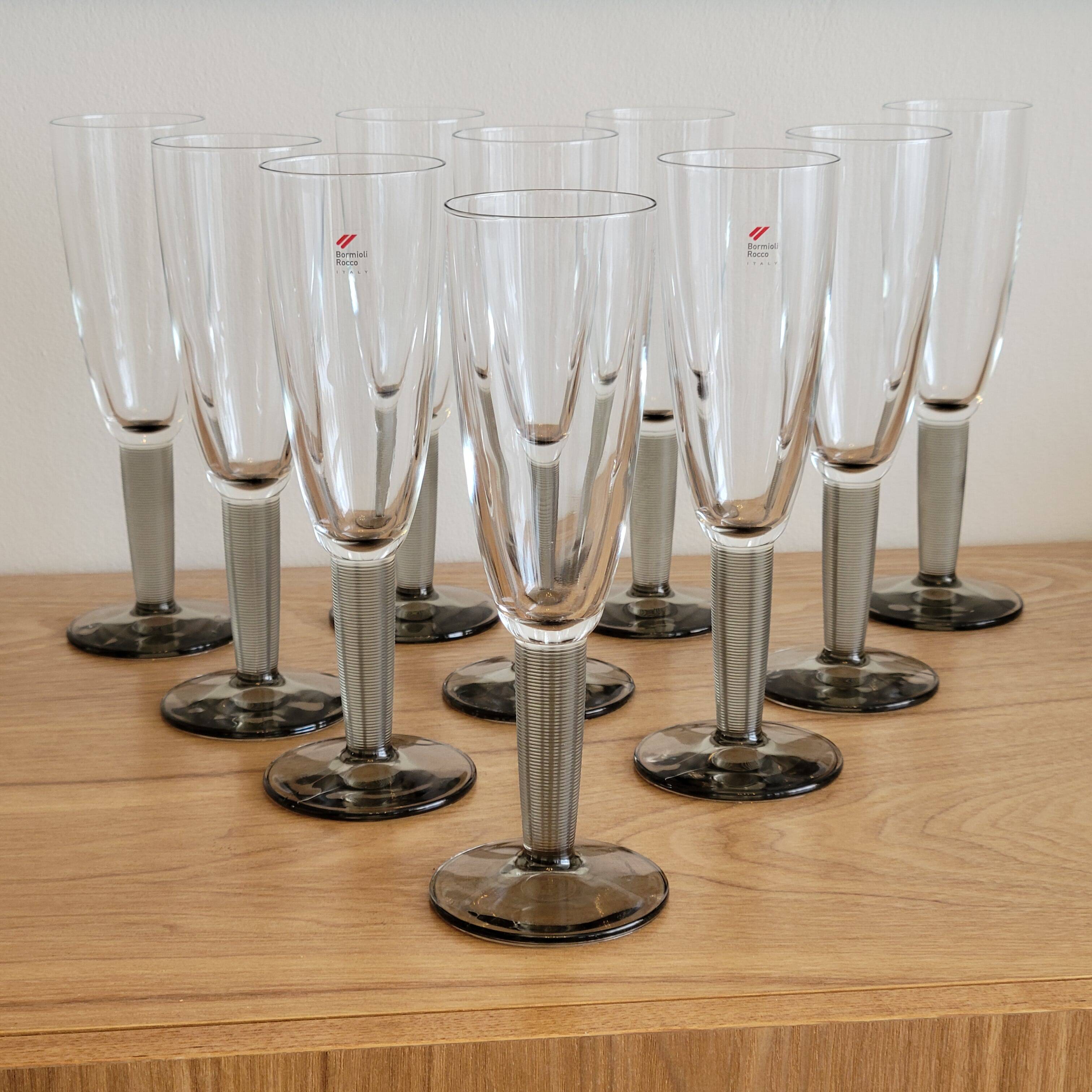 10 Bormioli Rocco Vintage Crystal Champagne Flutes Glasses with Grey Rain Foot