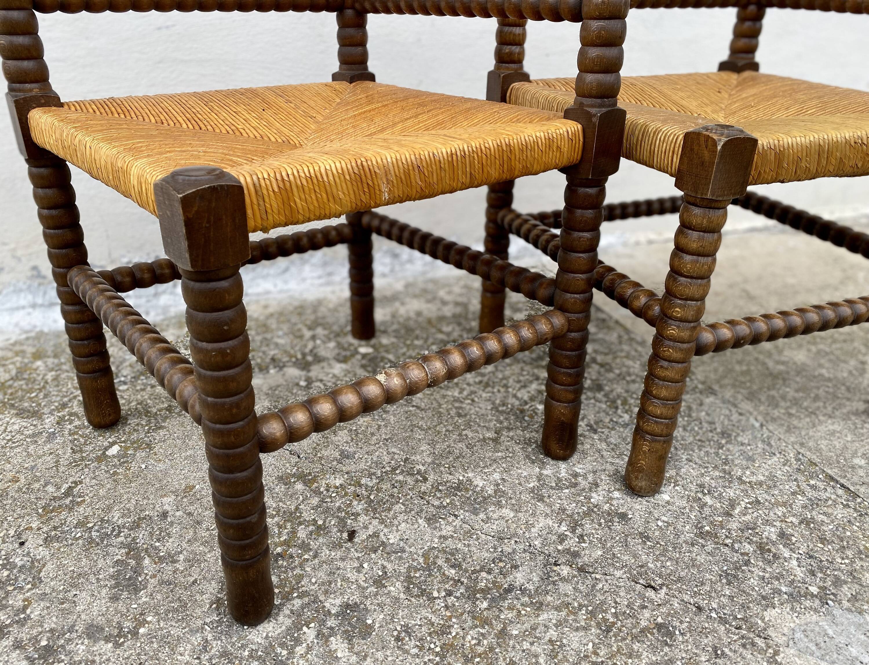 Pair of turned wood straw corner armchairs, Vintage 1950s