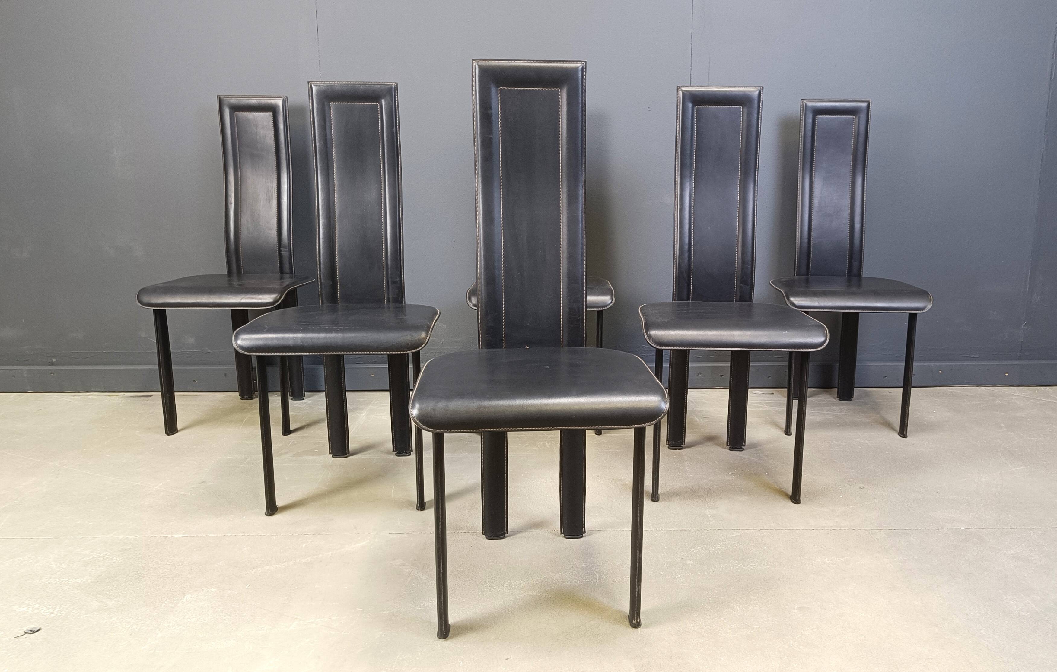 Set of 6 post modern black leather dining chairs, 1980s