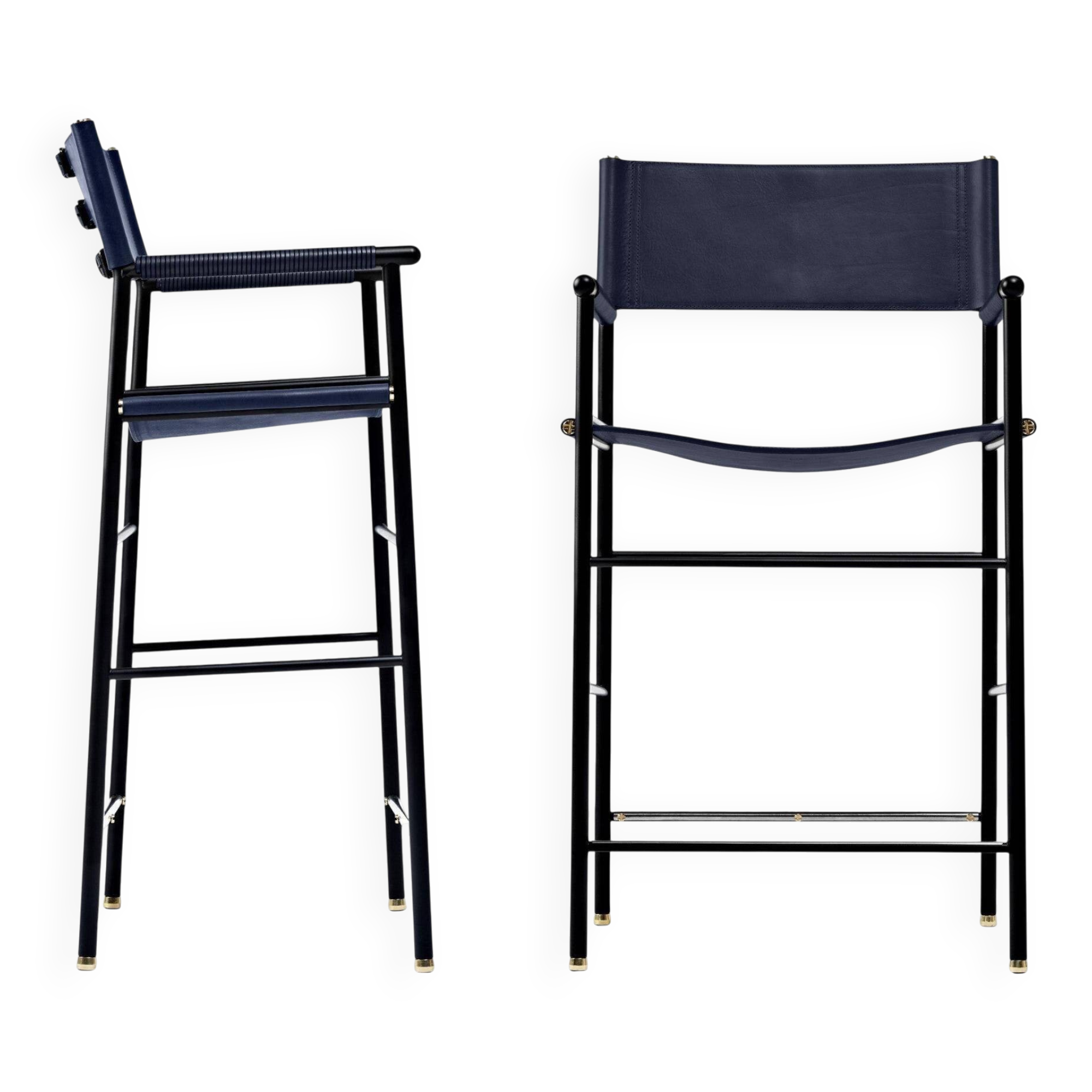 A pair of bar stools with a navy blue leather backrest and black rubber.