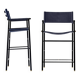 A pair of bar stools with a navy blue leather backrest and black rubber.