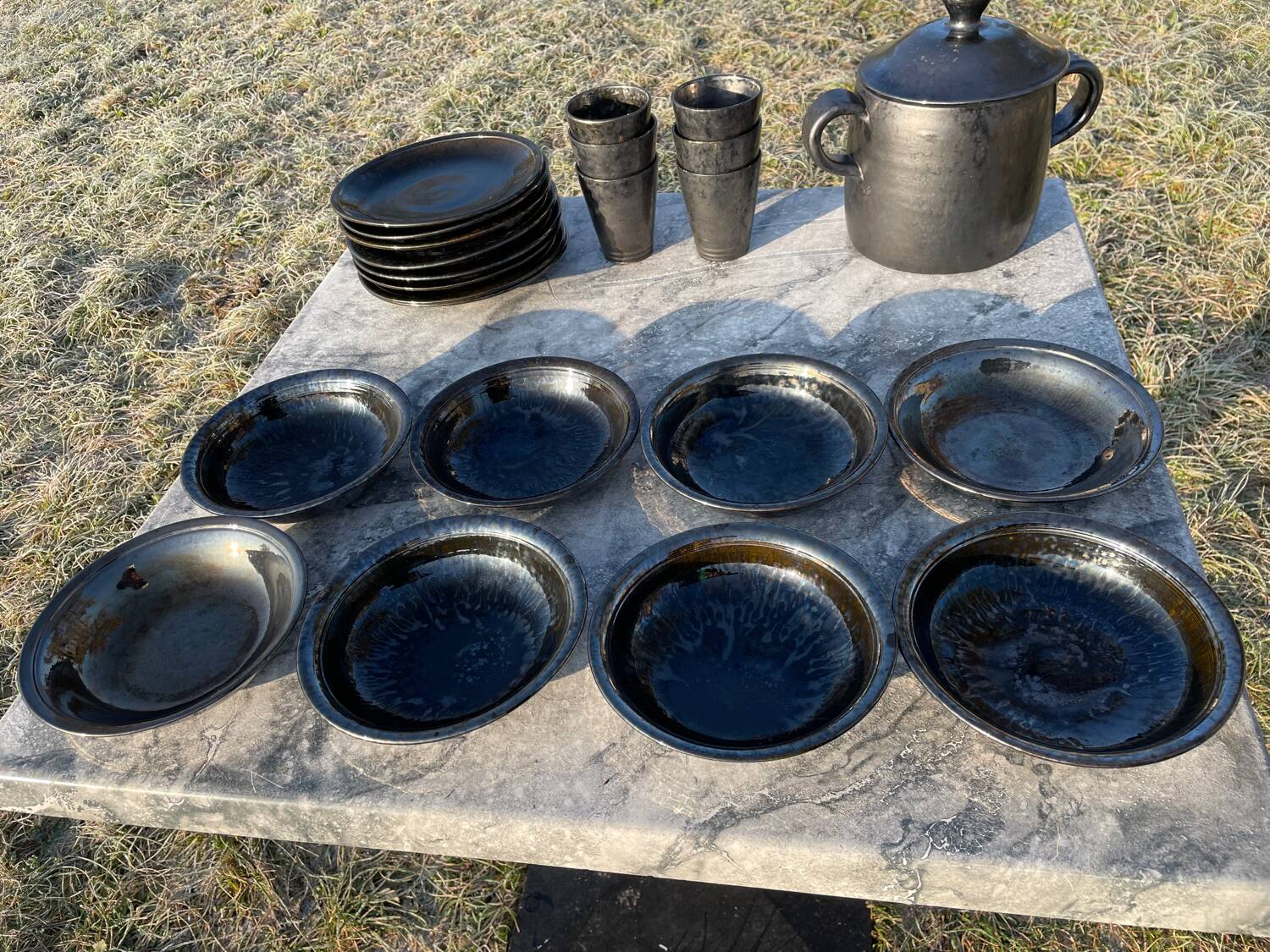 Vallauris service, the pottery of the great oak. Black metal glazed ceramics.
