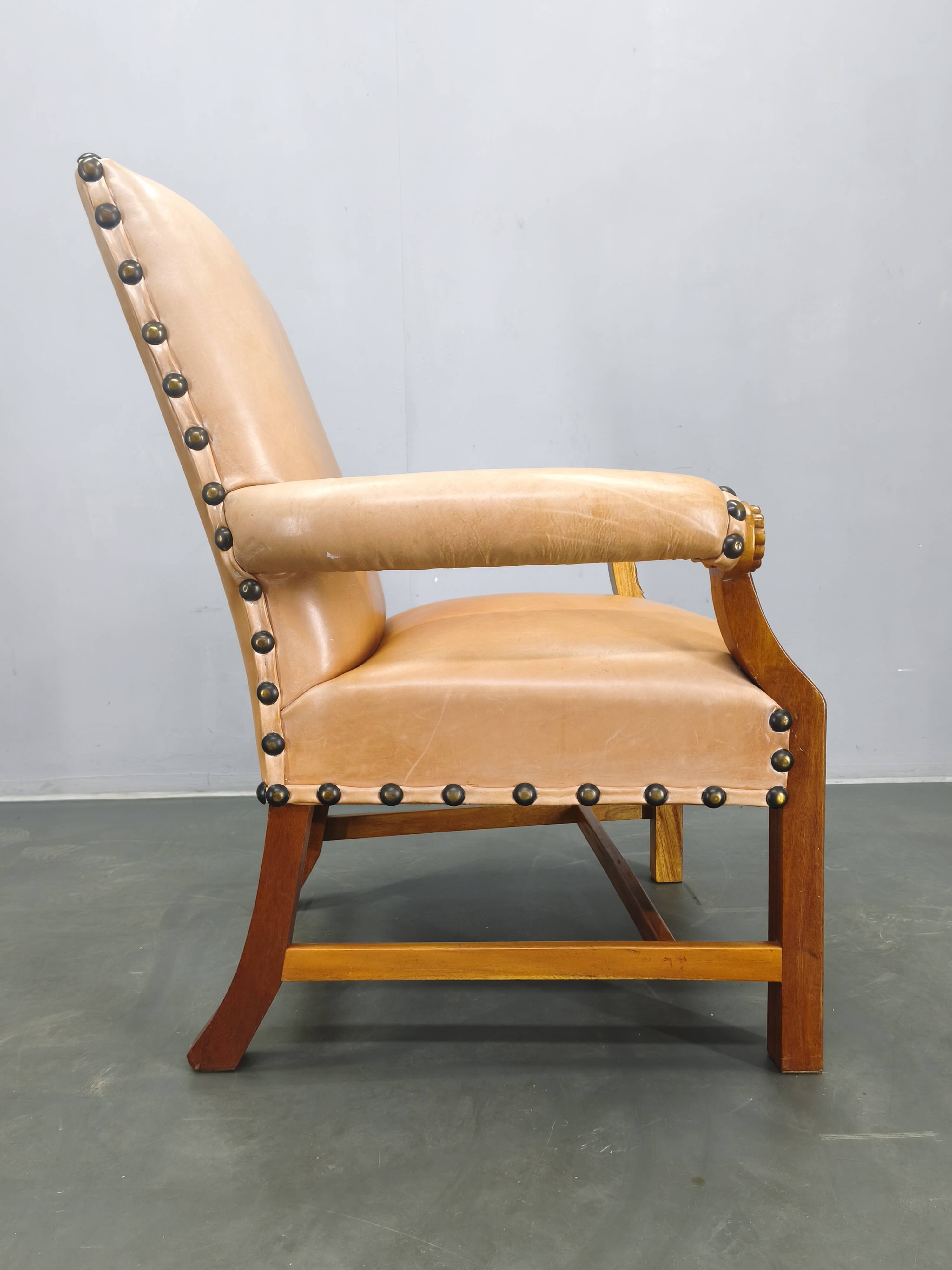 Antique Danish Leather Armchair Carved Wood Club Chair, Early 1900s