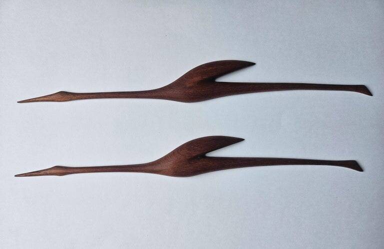 Pair of Midcentury Rare Teak Wall Sculptures of Birds Herons, Denmark, 1960
