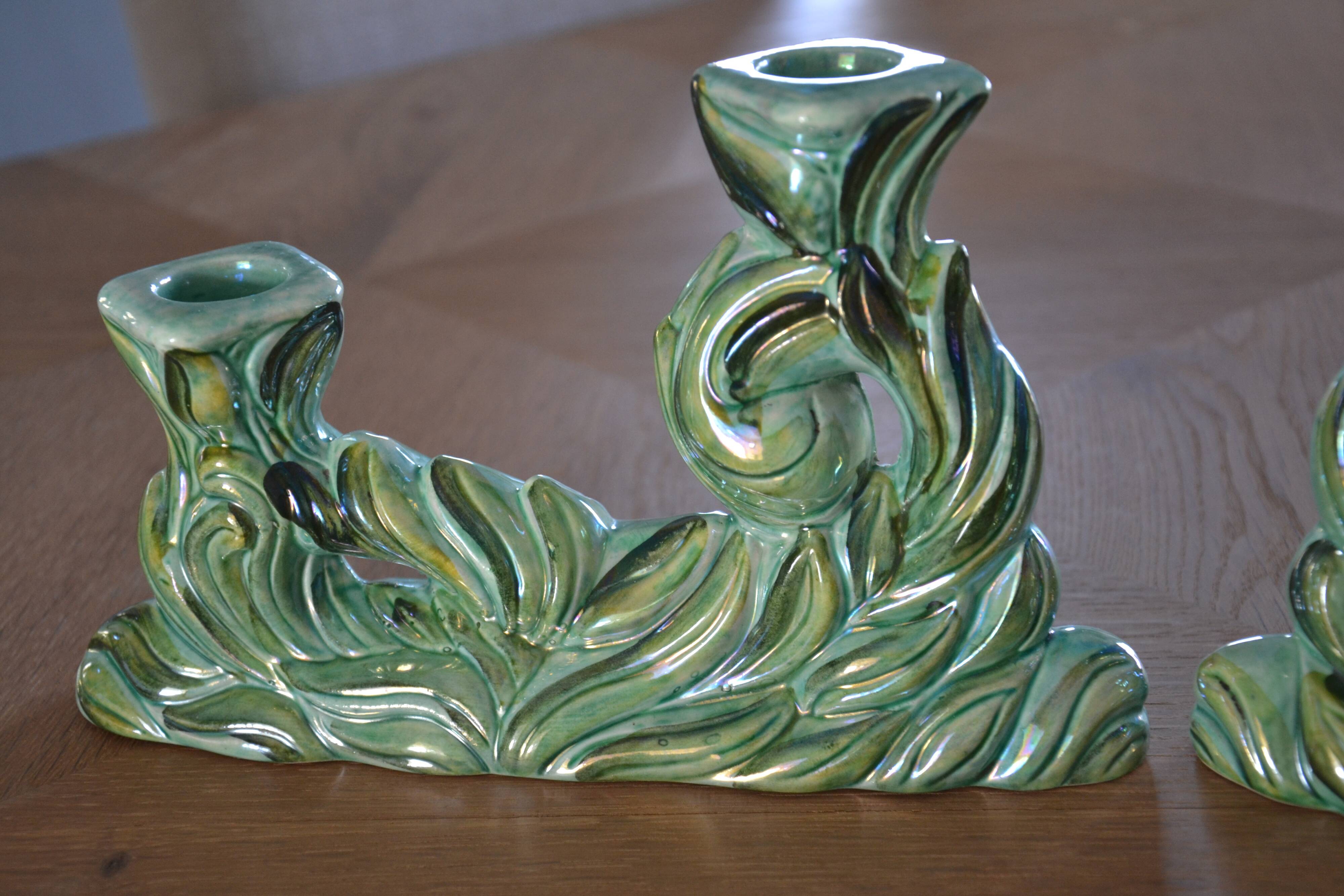 Pair of iridescent green ceramic Art Deco candlesticks