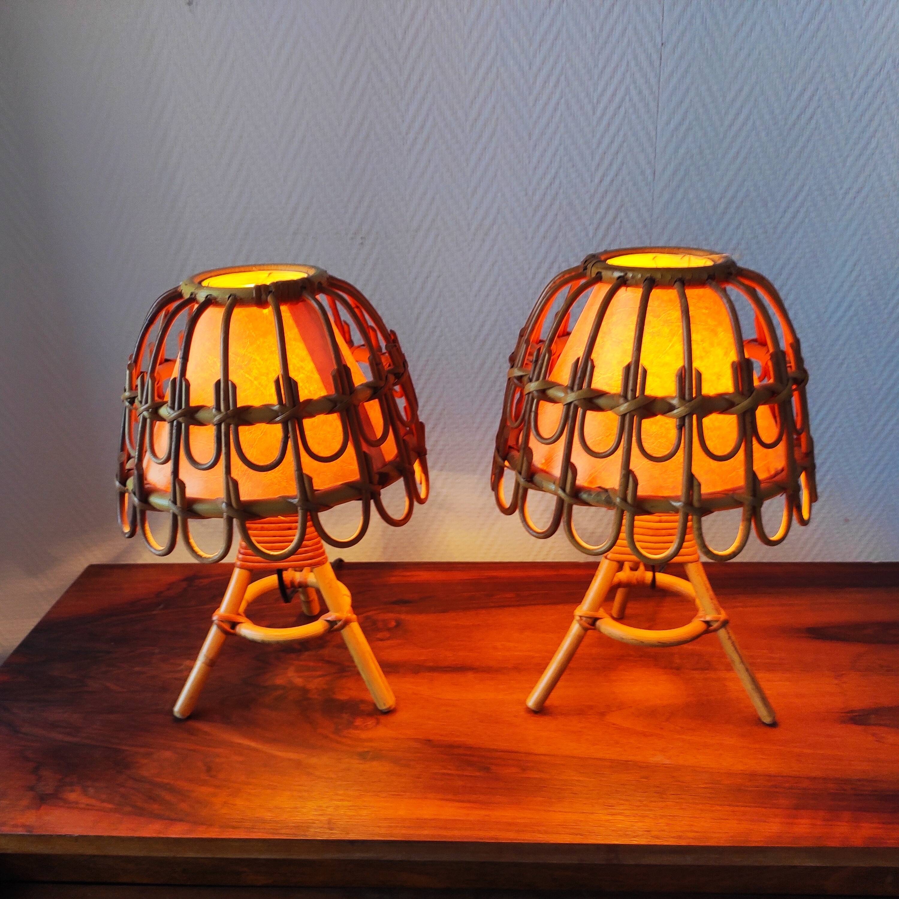 Pair of vintage 70s rattan lamps