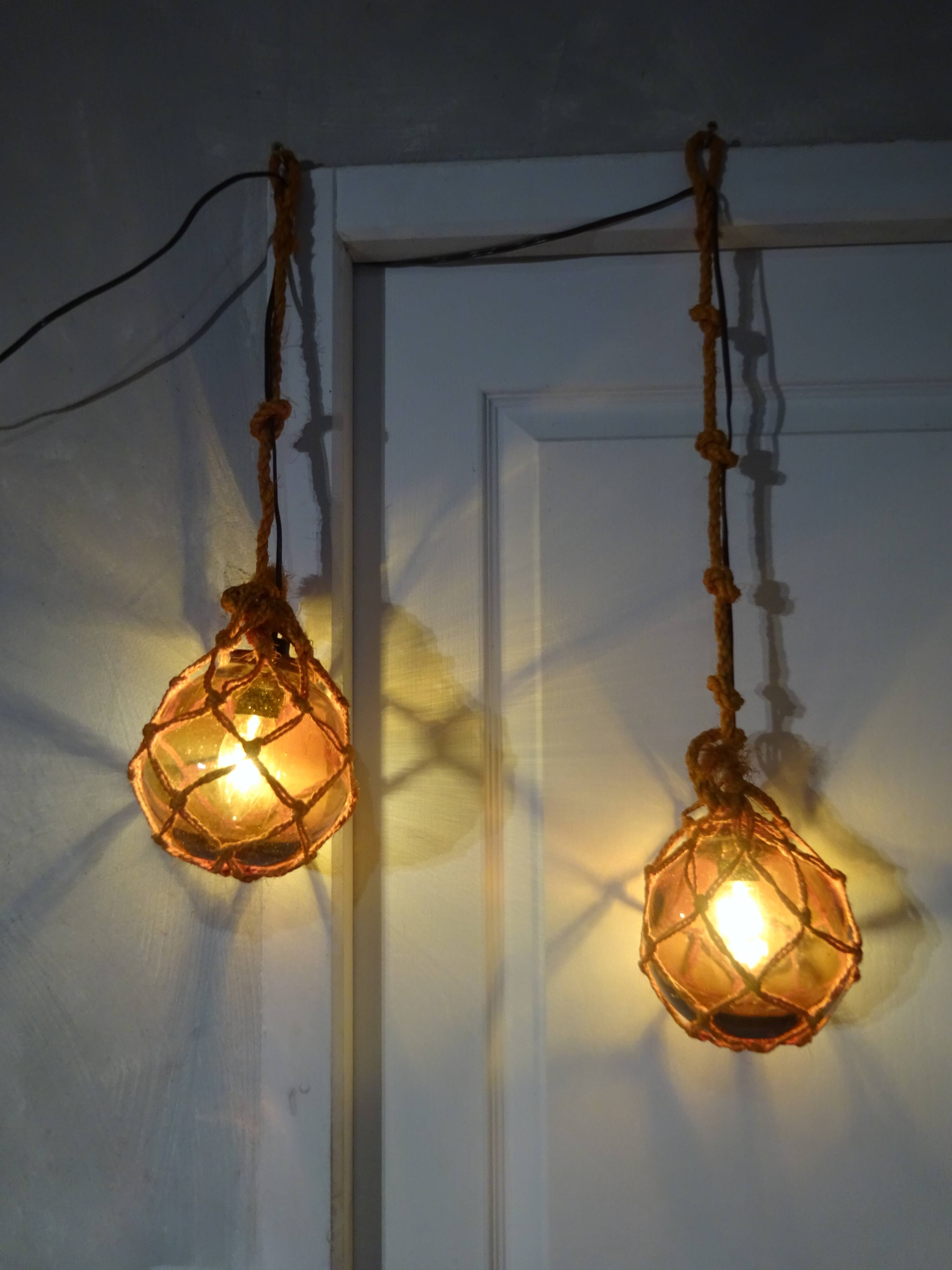 Paire d'applique lampe boule flotteur pêche corde vintage en verre