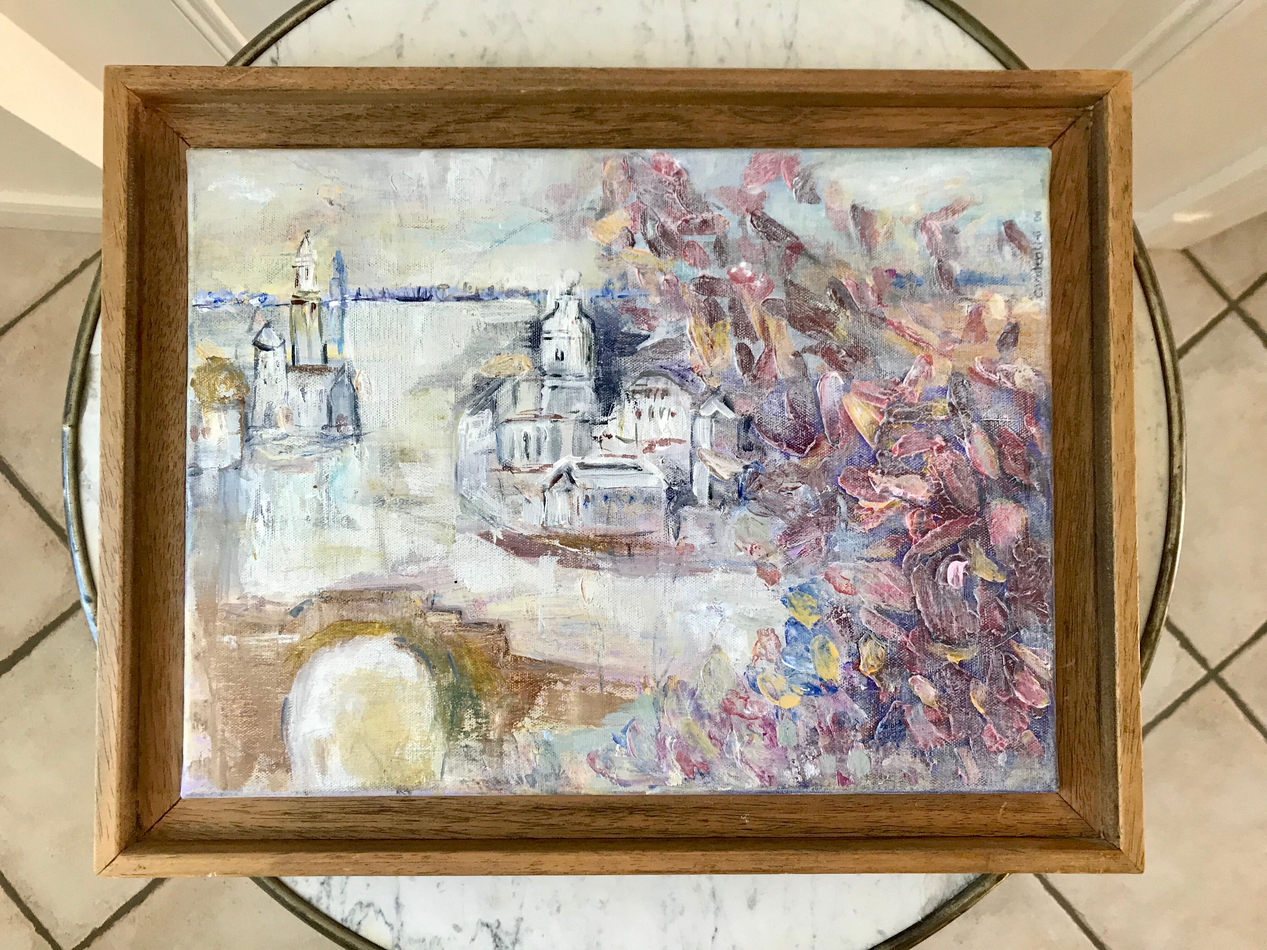 Painting oil on canvas city and trees framed pastel tones signed vintage