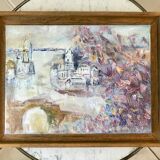 Painting oil on canvas city and trees framed pastel tones signed vintage