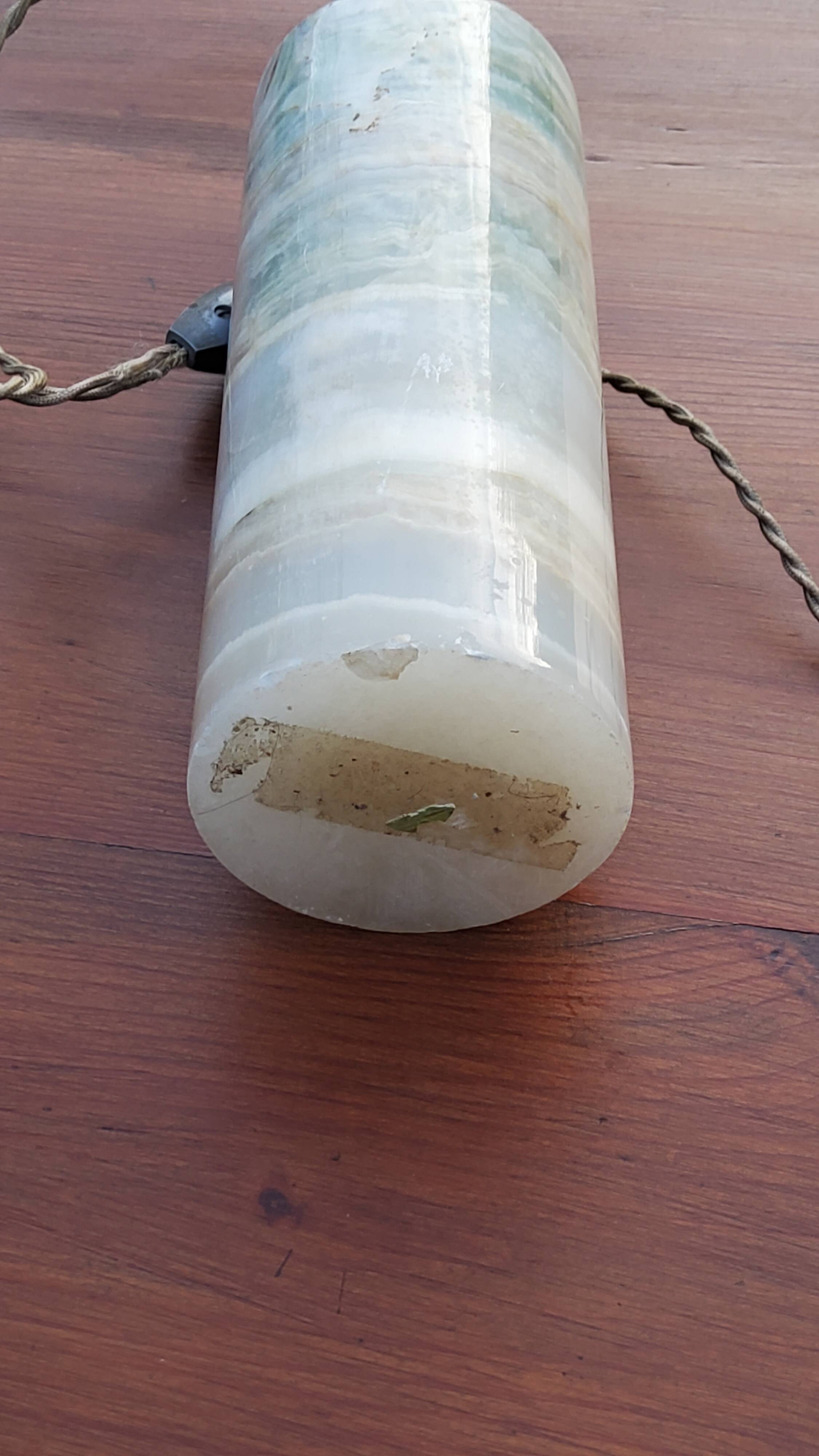 Designer lamp from the 70s in almond green onyx with original fabric shade