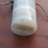 Designer lamp from the 70s in almond green onyx with original fabric shade