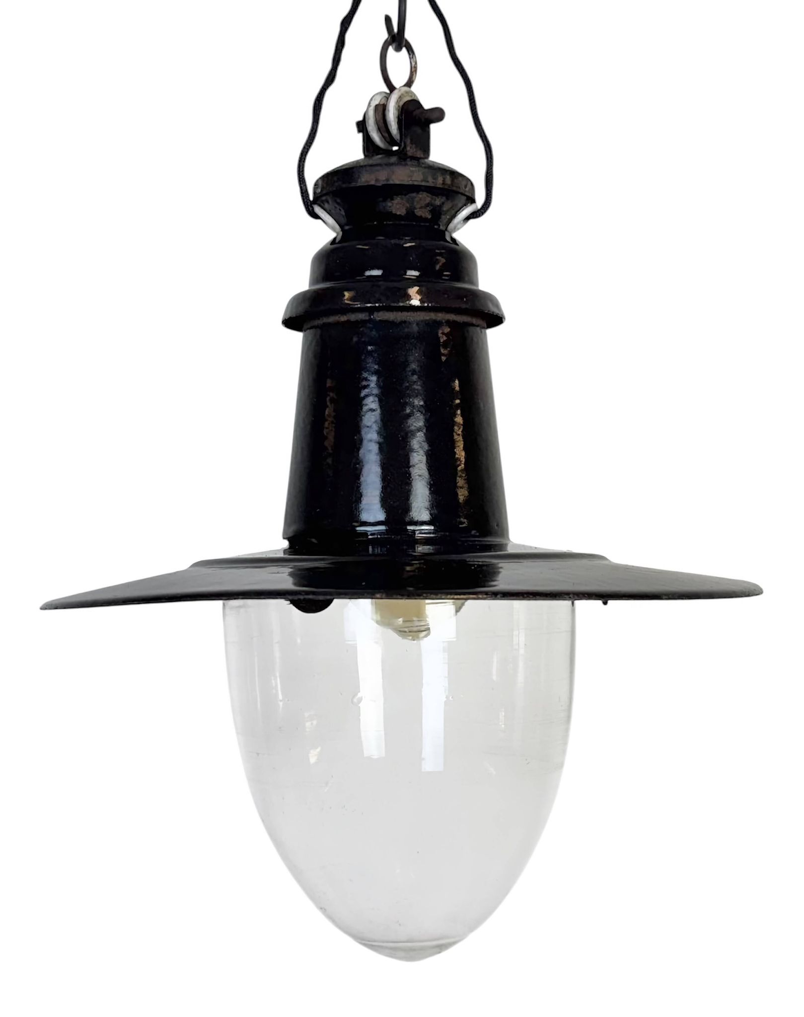 Industrial German Black Enamel Pendant Lamp with Glass Cover, 1930s